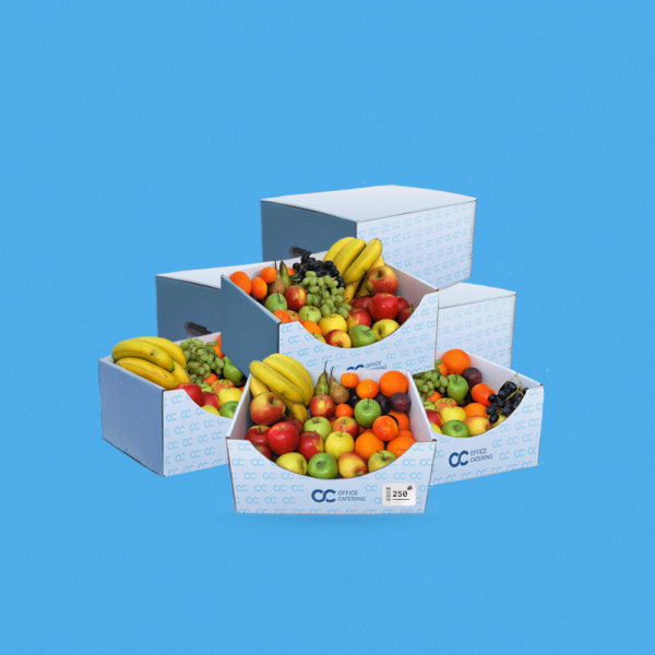Office Fruit Boxes in Blue Containing Seasonal Fruit
