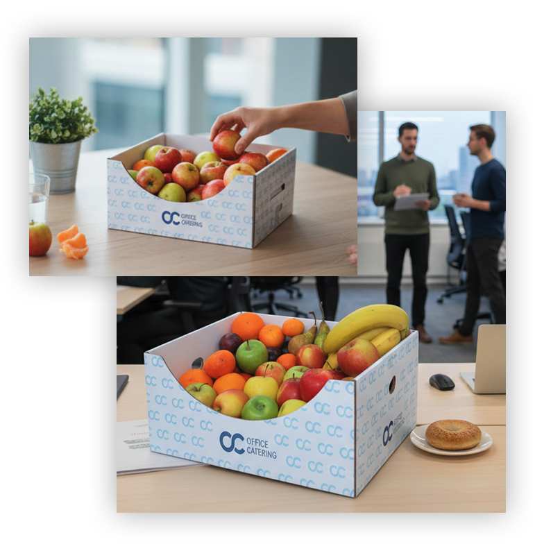 A fruit box in an office with people behind it